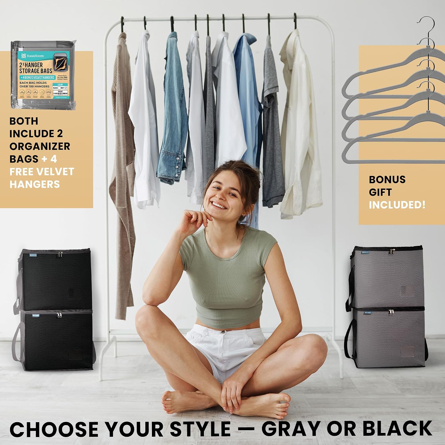 Hanger Storage Organizer Bags 2 Pack for 100+ Velvet Hangers with Dustproof Containers and 4 Bonus Hangers – Large Closet Organizer to Keep Clothes Clean and Tidy (Grey)
