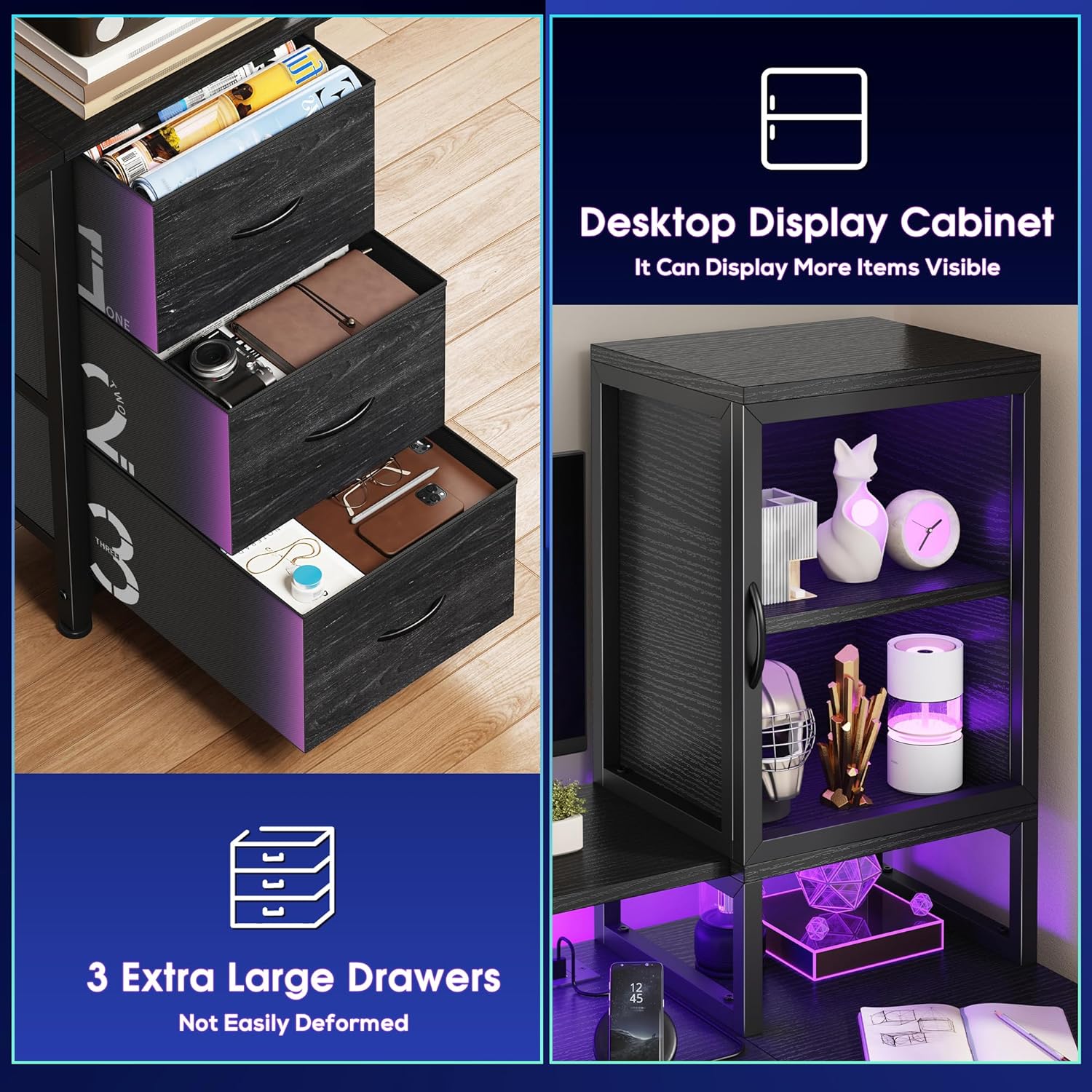 DurayLoly 47" Gaming Desk with Hutch and Cabinet to Display, Gaming Table with 3 Drawers for Small Space Storage, 2 AC Power Outlets and RGB Light, Monitor Stand for Student Bedroom