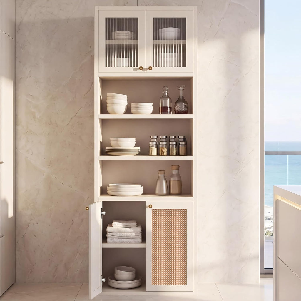 71.3''Tall Kitchen Pantry Cabinet with Oversized Open Shelf & Coffee Station,Tall Extra Deep Enclosed Storage, Fluted Rattan Doors,Adjustable Shelves, Anti-Tip, for Multi-Room Use,White