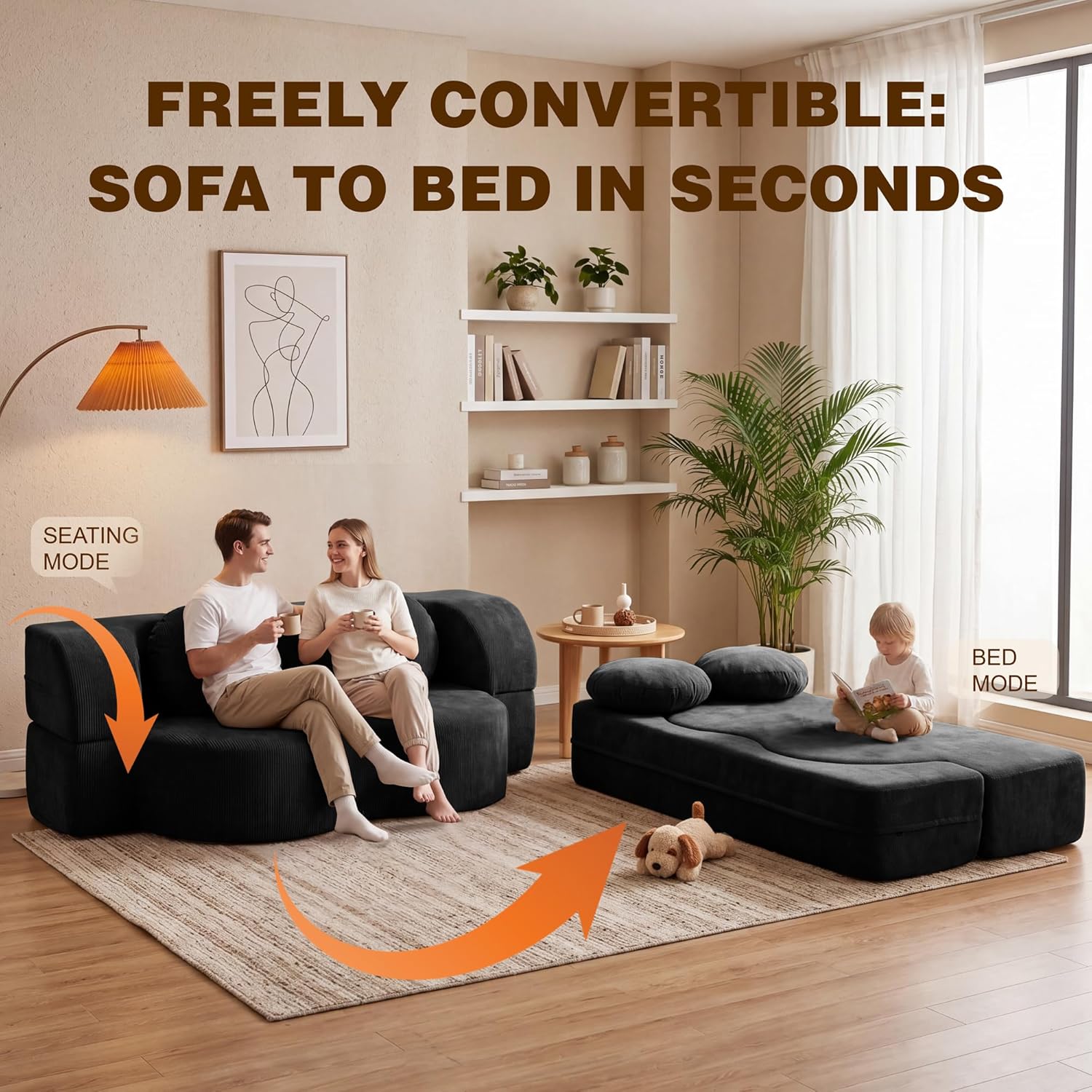 Vongrasig Convertible Sofa Bed, 77” Folding Boneless Couch, Floor Sofa 2-in-1 Curved Couch for Small Living Room, Apartment, Guest Room, Black