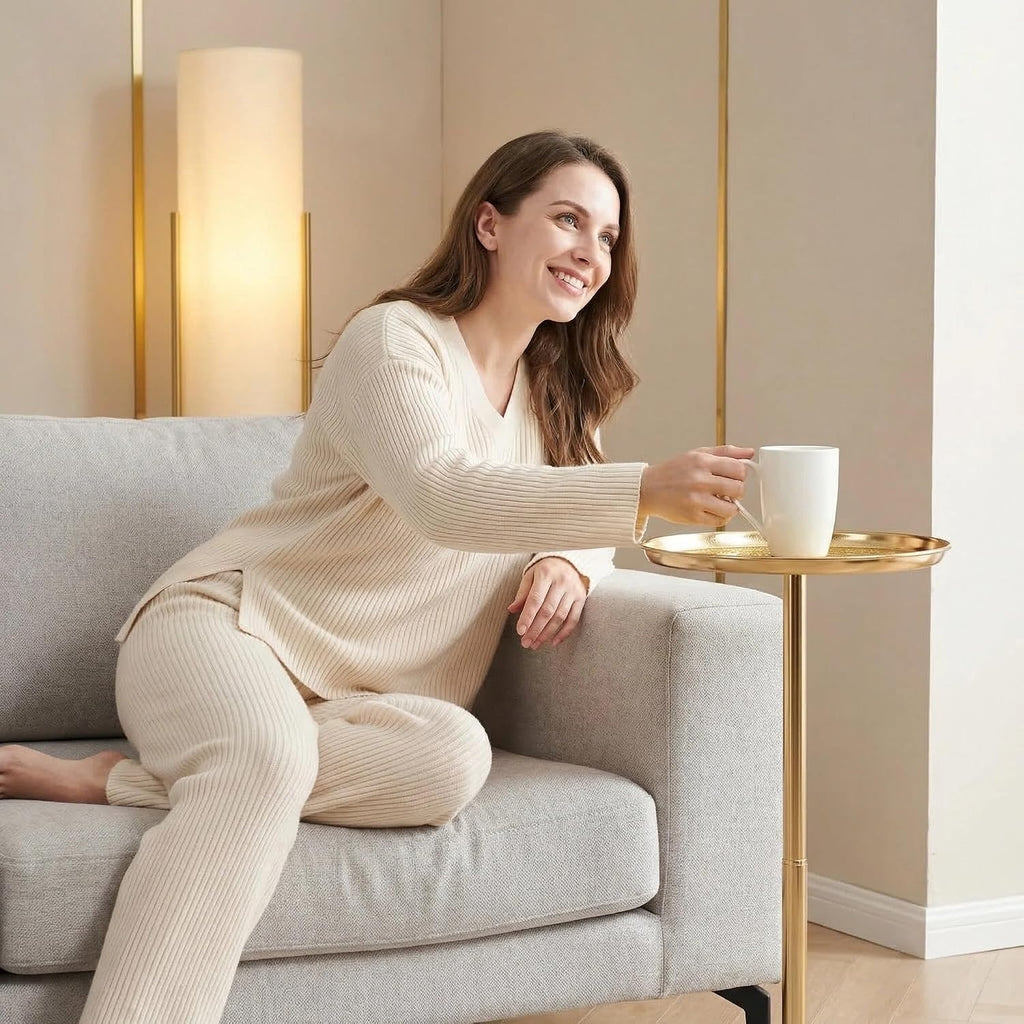 Adjustable Martini Side Table – Small Round Drink Table with Natural Marble Base, Gold Pedestal End Table with Tray Top for Living Room Sofa Bedroom Small Spaces