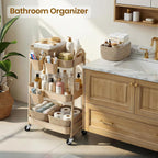 3-Tier Rolling Utility Cart with 4 Woven Baskets, Diaper Book Snack Cart, Storage Organizer for Nursery, Kitchen, Craft Room, Home SPA, Living Room, Metal Frame Trolley on Lockable Wheels, Brown