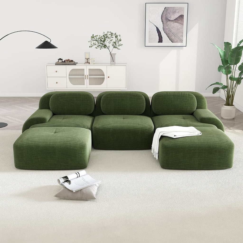 Modular Sectional Sofa Boneless Couch, U Shaped Sectional Couches for Living Room, Oversized Cloud Couch with Deep Seat and Ottoman, Comfy Corduroy Upholstery Green Couches, No Assembly(3S+2O)