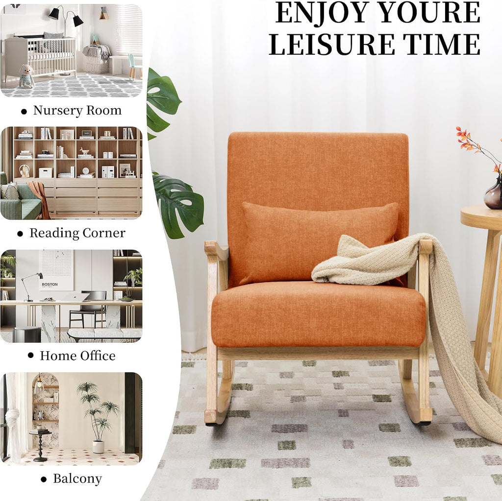SAETSFEG Rocking Chair for Nursery with Lumbar Pillow, Upholstered Accent Chair with Solid Rubberwood Frame, Living Room & Bedroom, Cozy Reading Chair for Small Spaces, Orange