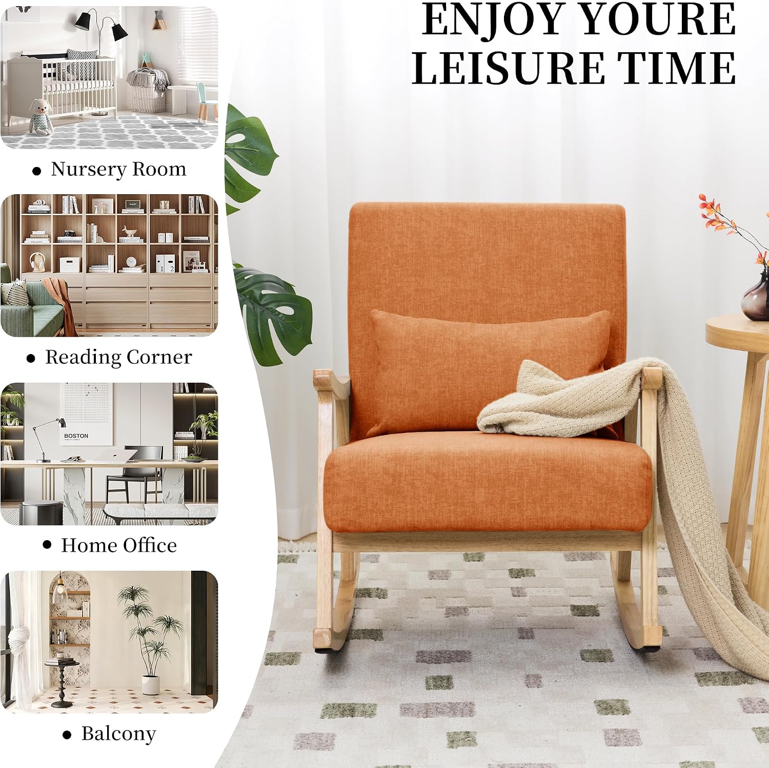 SAETSFEG Rocking Chair for Nursery with Lumbar Pillow, Upholstered Accent Chair with Solid Rubberwood Frame, Living Room & Bedroom, Cozy Reading Chair for Small Spaces, Orange