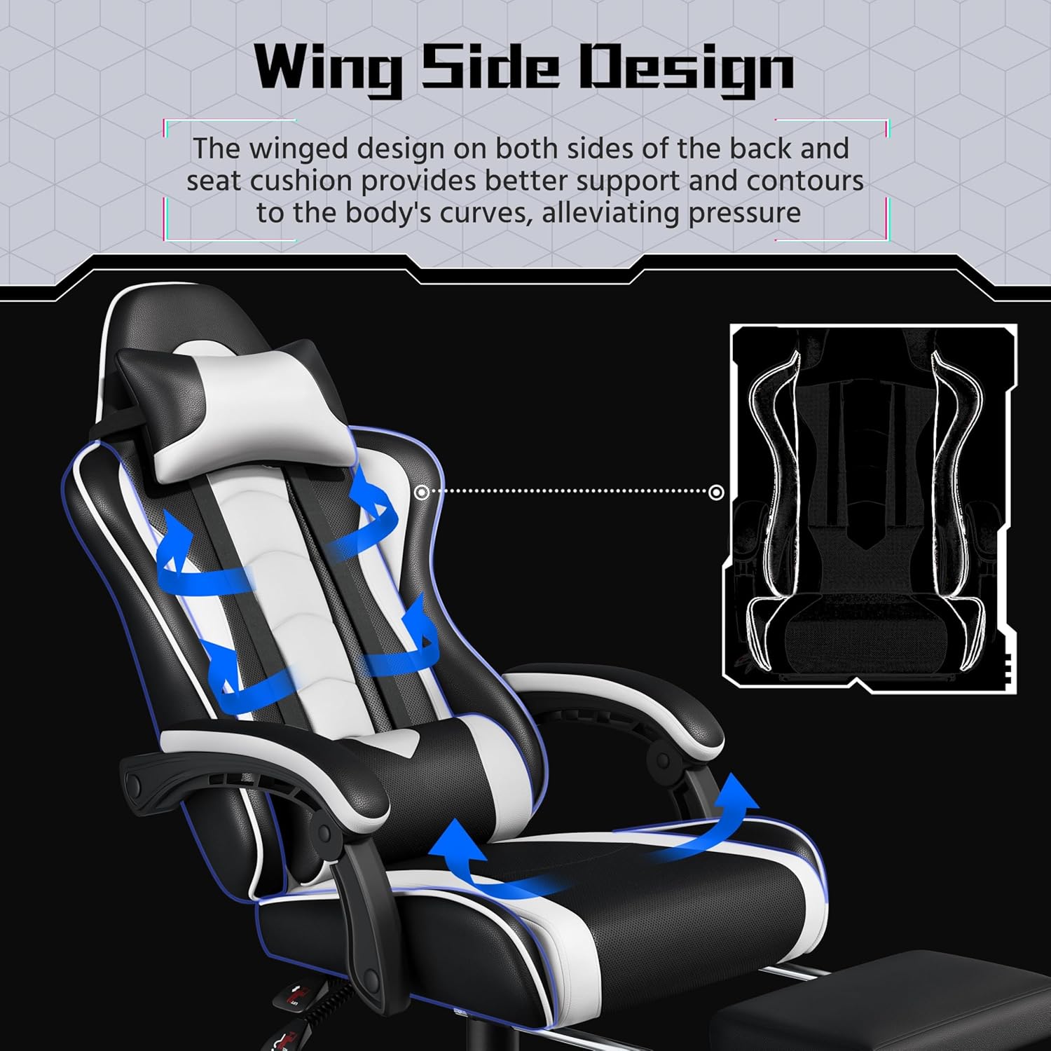 Yaheetech Gaming Chair with Electric Massage Lumbar Support, Footrest & Headrest — Ergonomic High Back Recliner for Home Office, Computer Desk Chair, Height Adjustable, 300 lbs, Black/White
