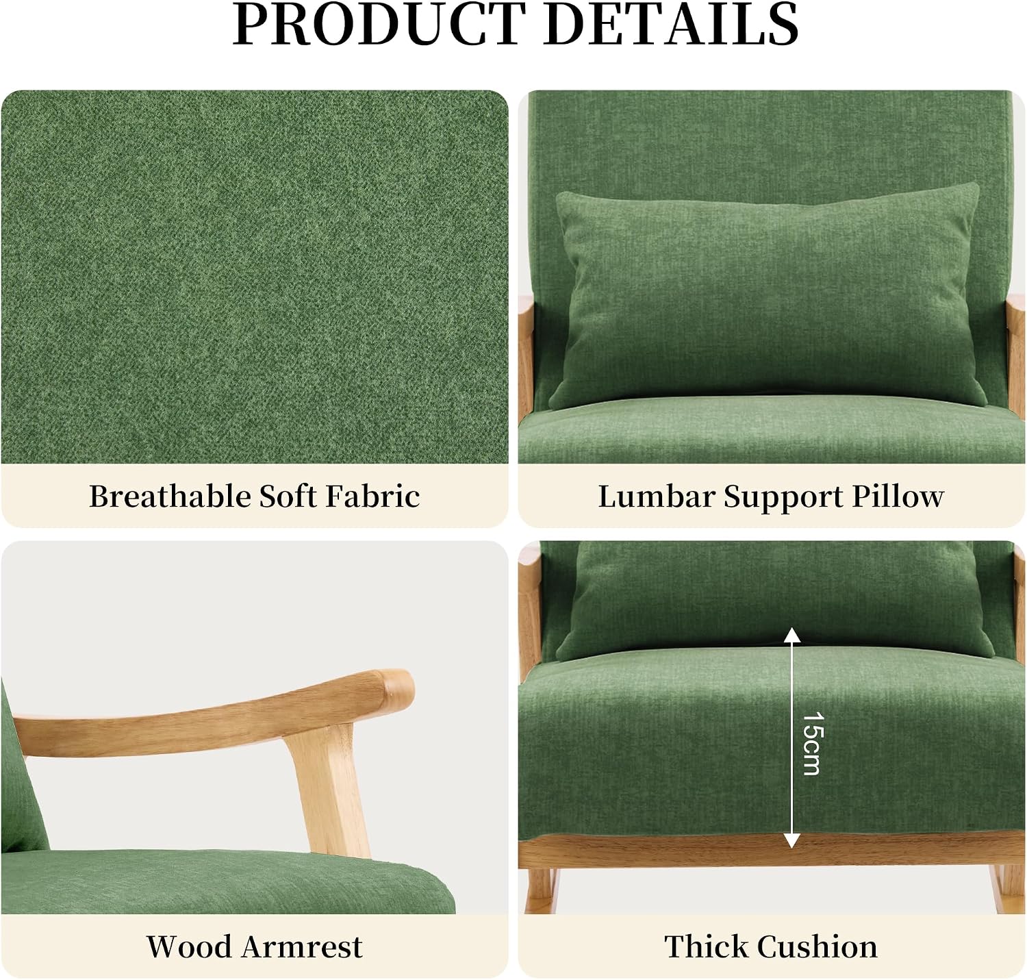 SAETSFEG Rocking Chair for Nursery with Lumbar Pillow, Upholstered Accent Chair with Solid Rubberwood Frame, Living Room & Bedroom, Cozy Reading Chair for Small Spaces, Green