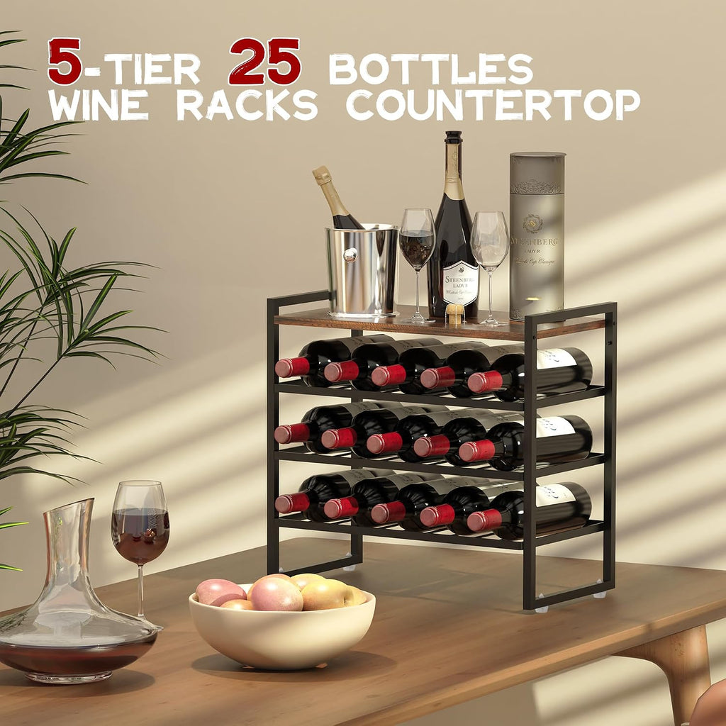 4-Tier Wine Rack Countertop, 15 Bottle Wine Rack for Inside Cabinet, Metal Wine Bottle Holder with Table Top, Wine Storage Shelf for Kitchen, Bar, Dining Room