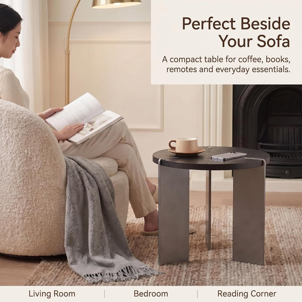 Round Side Table, Walnut End Table with Metal Legs, Small Bedside Table for Small Spaces, Wood Grain Top Accent Table with Non-Slip Feet Pads for Living Room, Bedroom(Black, 19.68" D)