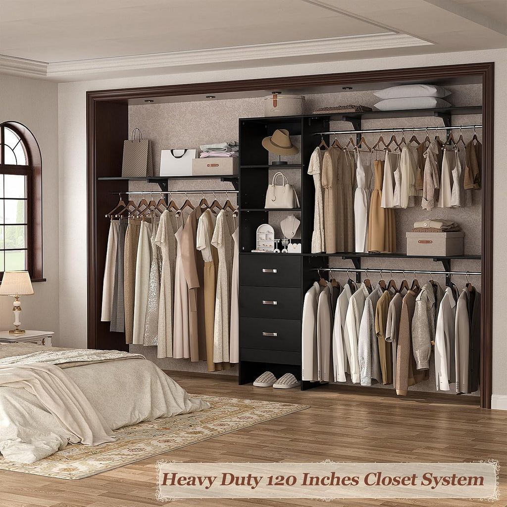 Armocity 120 Inches Closet System, 10FT Walk In Closet Organizer with 3 Shelving Towers, Heavy Duty Clothes Rack with 3 Drawers, Built-In Garment Rack, 120" L x 16" W x 75" H, Max Load 1300 LBS, Black
