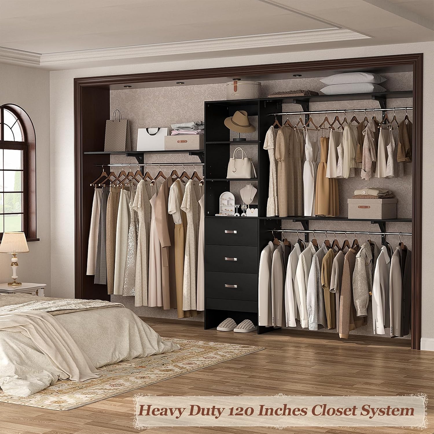 Armocity 120 Inches Closet System, 10FT Walk In Closet Organizer with 3 Shelving Towers, Heavy Duty Clothes Rack with 3 Drawers, Built-In Garment Rack, 120" L x 16" W x 75" H, Max Load 1300 LBS, Black