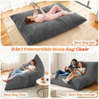 3 in 1 Giant Bean Bag Chair for Adults and Kids, Oversized Convertible Bean Bag Bed with Machine Washable Cover, Comfy Soft Memory Foam Floor Sofa for Living Room, Bedroom & Game Room(Grey)