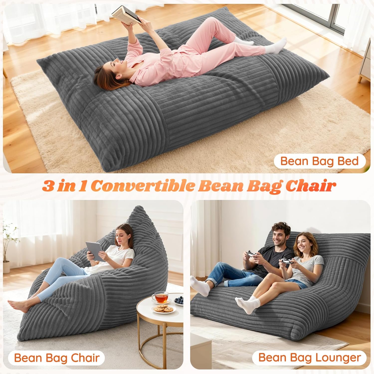 3 in 1 Giant Bean Bag Chair for Adults and Kids, Oversized Convertible Bean Bag Bed with Machine Washable Cover, Comfy Soft Memory Foam Floor Sofa for Living Room, Bedroom & Game Room(Grey)