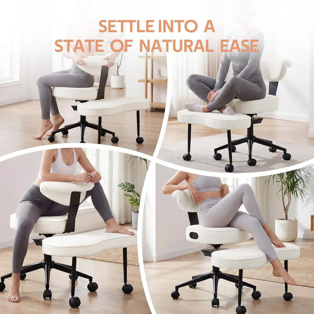 Ergonomic Kneeling Chair with Wheels, Cross Legged Office Chair with High Lumbar Support, 360° Swivel Meditation Chair for ADHD & Yoga, Wide Criss Cross Chair for Home