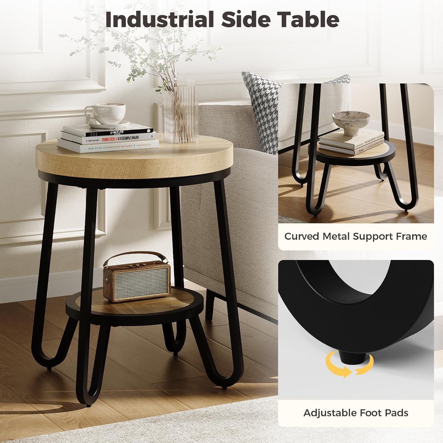 IRONCK Round Side Table, 2 Tier Industrial End Table with Storage Shelf, 19.7" Accent Bedside Table for Living Room, Bedroom, Small Spaces, Wood Tabletop & Curved Metal Legs, Light Brown