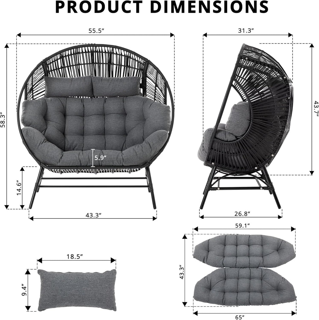 IRONCK Outdoor Round Egg Chair with Armrest, Double Lounge Chair with Cushions and Headrests, Wicker Egg Seat for Patio Backyard, Black