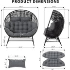 IRONCK Outdoor Round Egg Chair with Armrest, Double Lounge Chair with Cushions and Headrests, Wicker Egg Seat for Patio Backyard, Black