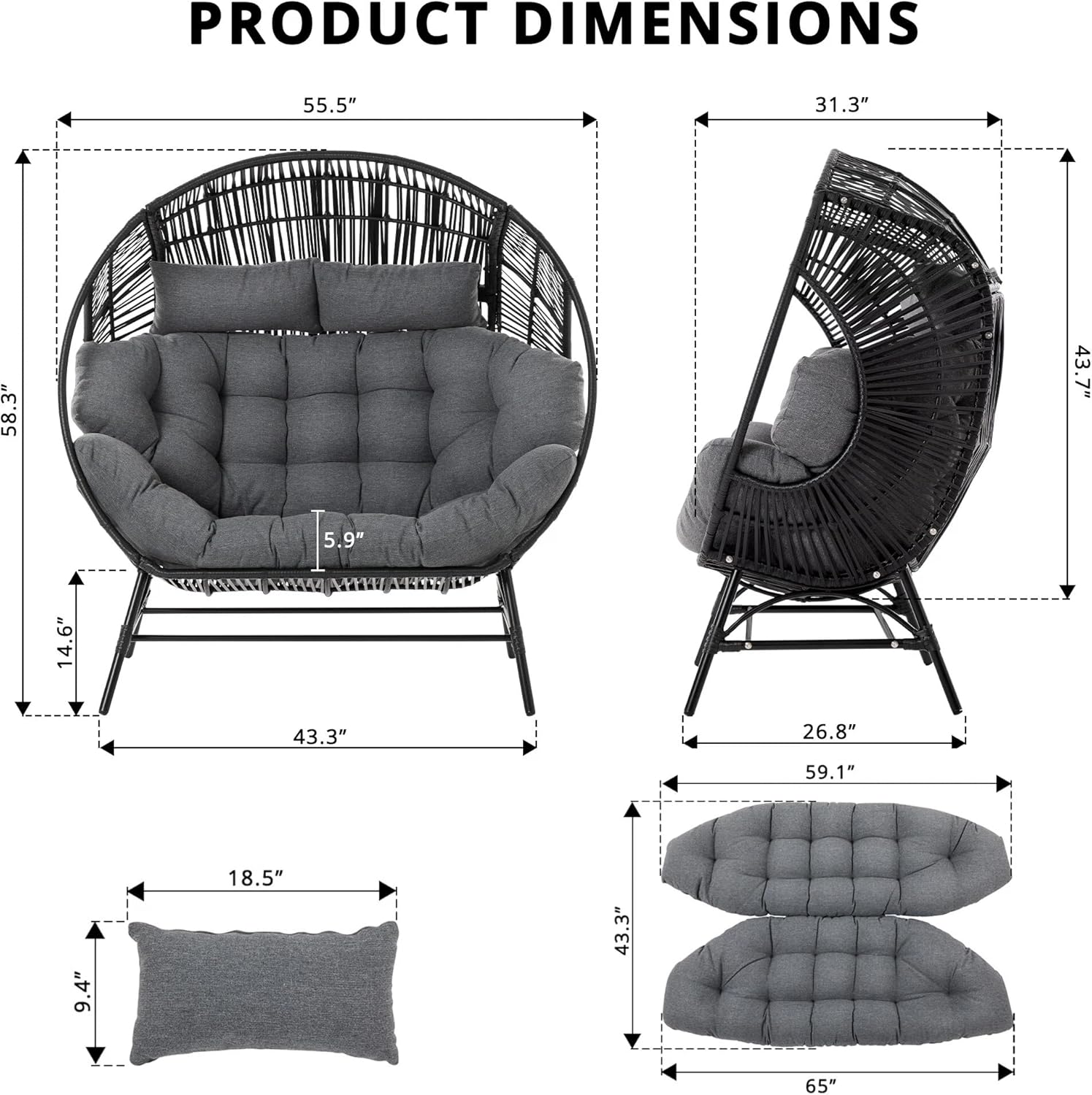 IRONCK Outdoor Round Egg Chair with Armrest, Double Lounge Chair with Cushions and Headrests, Wicker Egg Seat for Patio Backyard, Black