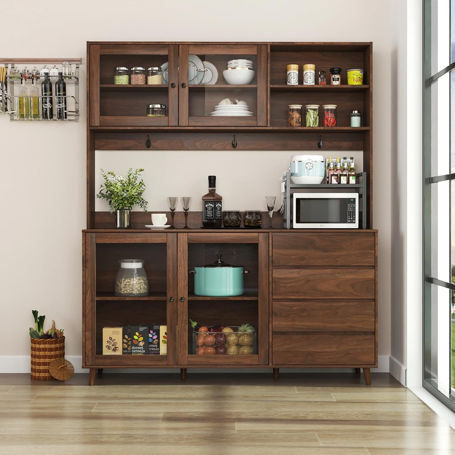 63" W Large Kitchen Hutch Cabinet, Freestanding Pantry Cabinets Storage Kitchen Cupboard with 4 Doors, 4 Drawers & Microwave Shelf, Walnut,15.75 * 62.99 * 74.8