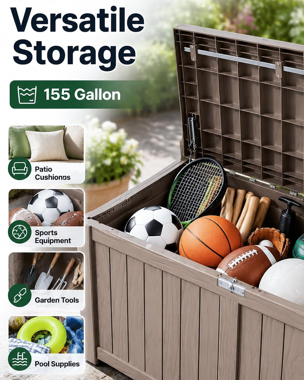 155 Gallon Waterproof Outdoor Storage Box, Large Lockable Deck Box, Indoor Outdoor Resin Storage Bench with Hydraulic Rod for Patio Furniture/Cushions/Garden Tools/Backyard/Pool Accessories, Brown