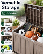 155 Gallon Waterproof Outdoor Storage Box, Large Lockable Deck Box, Indoor Outdoor Resin Storage Bench with Hydraulic Rod for Patio Furniture/Cushions/Garden Tools/Backyard/Pool Accessories, Brown