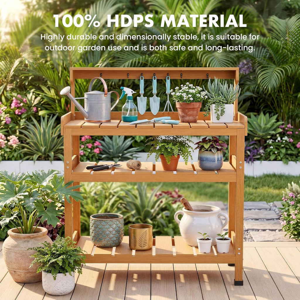 Frogprin Potting Bench for Women Men, HDPS Outdoor Garden Table Workstation with 9 Hooks, 4-Tier Rack, All-Weather Waterproof Workbench for Outside Garden - Teak, Extra-Large, 35.6''X16.5''X45.5''