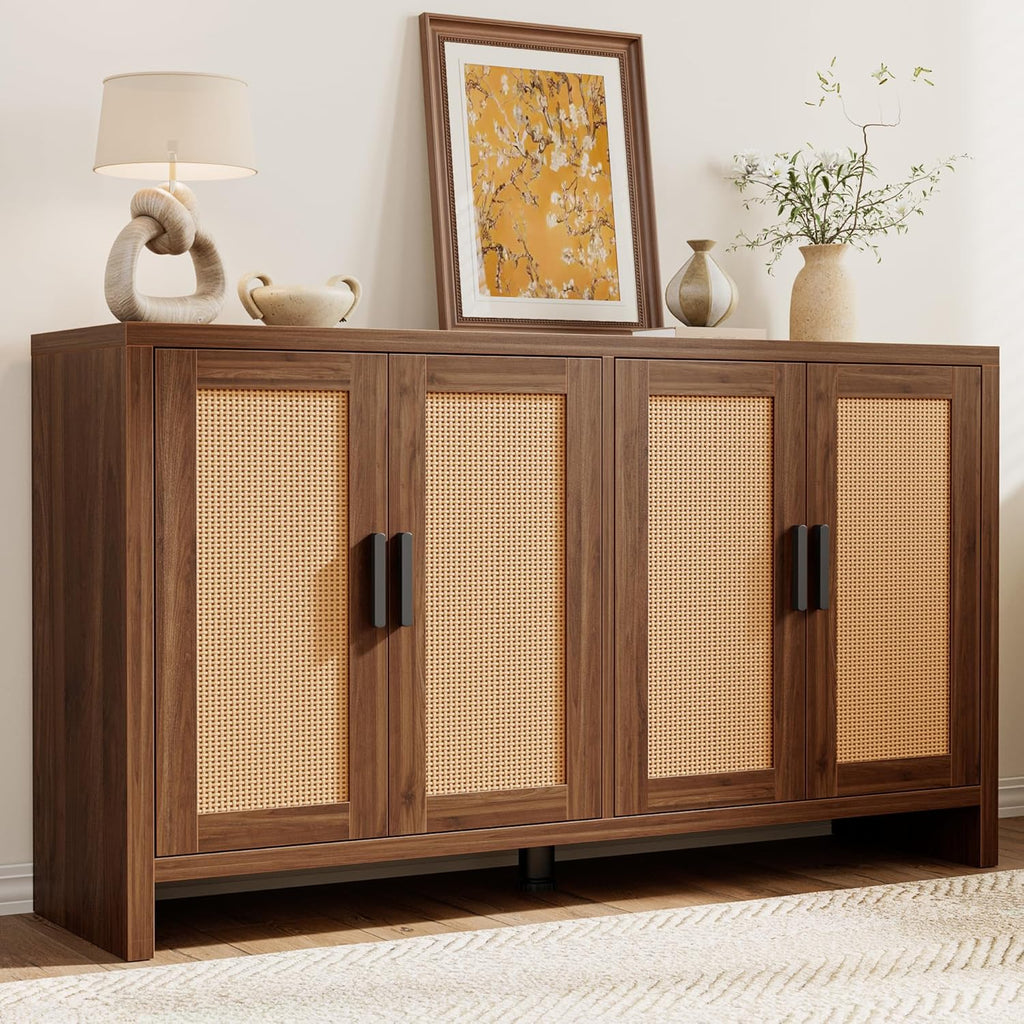 Mericonia Rattan Buffet Cabinet with Storage, Sideboard Cabinet with Doors and Adjustable Shelves, Farmhouse Coffee Bar Station Table, Modern Wood Cupboard for Kitchen, Livingroom, Walnut