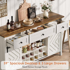 CABIHOME Farmhouse 47.2'' Buffet Cabinet with Sliding Barn Door, 33.4'' Tall Wood Rustic Sideboard with 3 Drawer, Adjustable Shelf and Removable Wine Rack (White, 59'')