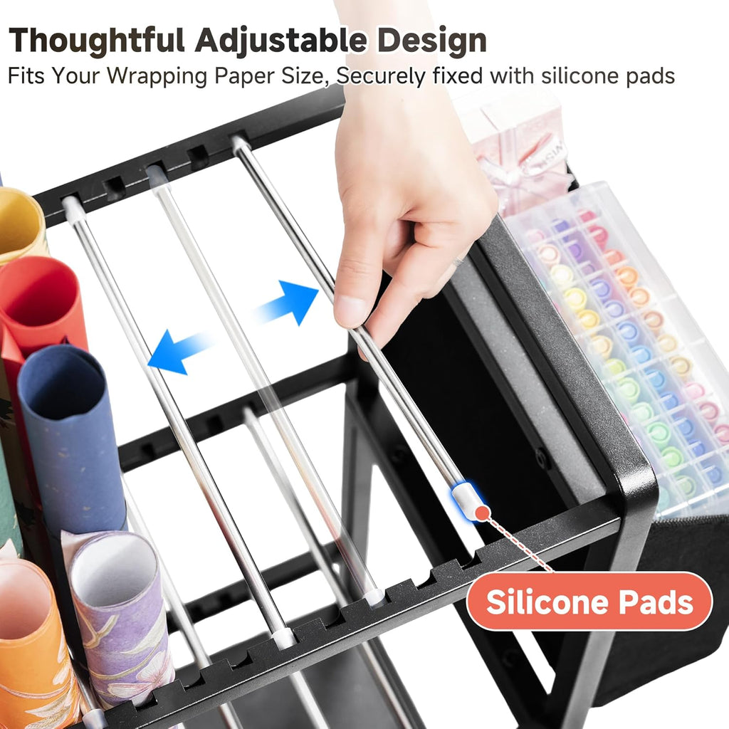 Aquzee Wrapping Paper Storage, Rolling Gift Wrap Storage Stand, Vertical Wrapping Paper Organizer Storage Cart, Ribbon Organizers, 12 PCS Slap Bands, 9 Adjustable Rod Design, Black