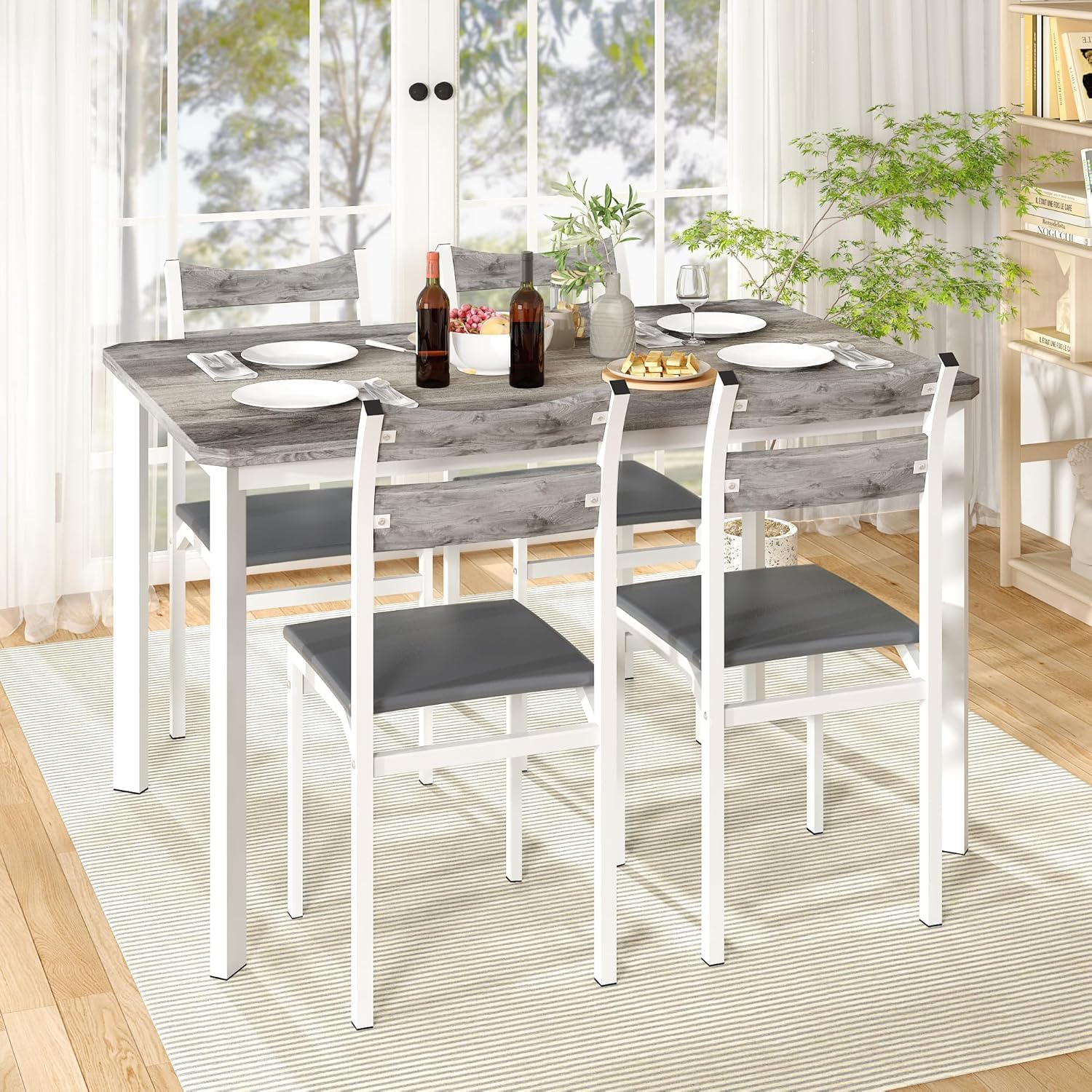 Recaceik Dining Table Set for 4, Wood Kitchen Table with Metal Frame & MDF Board, 5-Piece Kitchen Table Set for Small Space, Dinette and Apartment, Rustic Grey