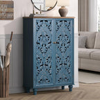 Jiansu furni Buffet Sideboard Cabinet with Hand-Carved Doors,Tall Storage Cabinet for Dining Room, Vintage Wood Accent Cabinet with Shelves, Slim Floor Cupboard for Kitchen & Entryway(Blue & Walnut)