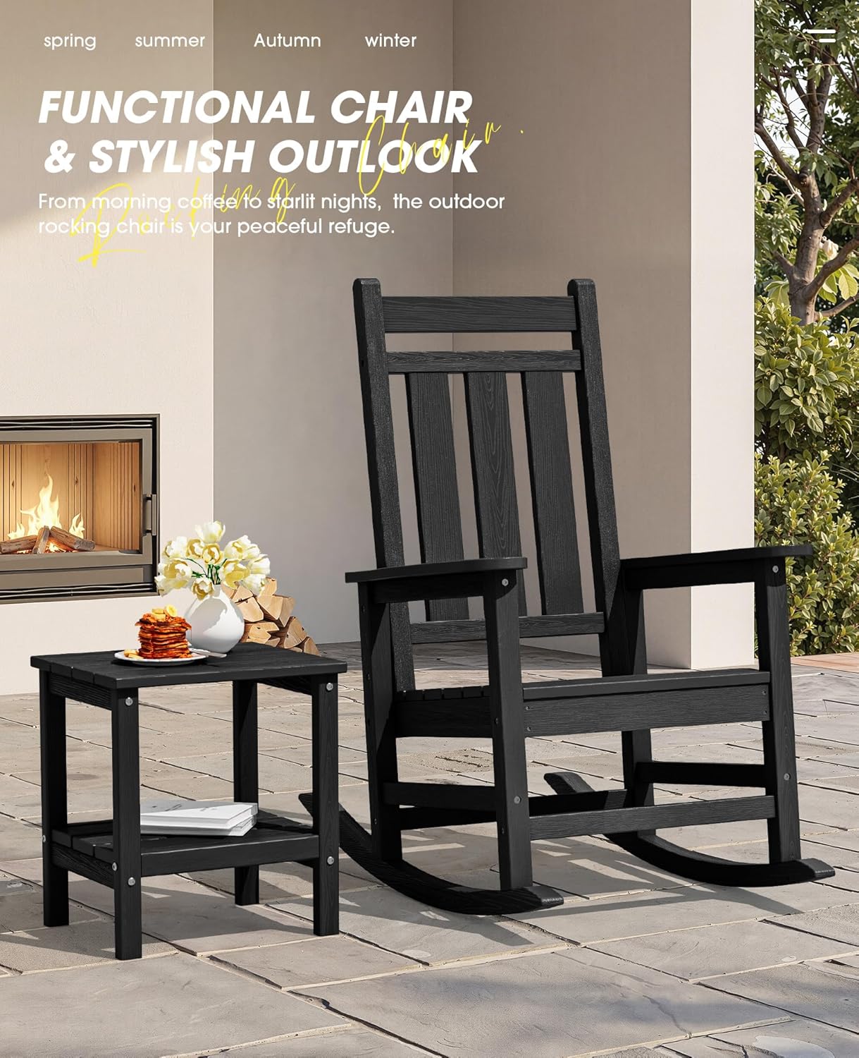 KINGYES Oversized Outdoor Rocking Chair Set of 2, All-Weather Patio Rocking Chairs for Porch, HDPE Outdoor Patio Recliner Rockers with High Back & Wide Seat for Garden, Lawn, Black