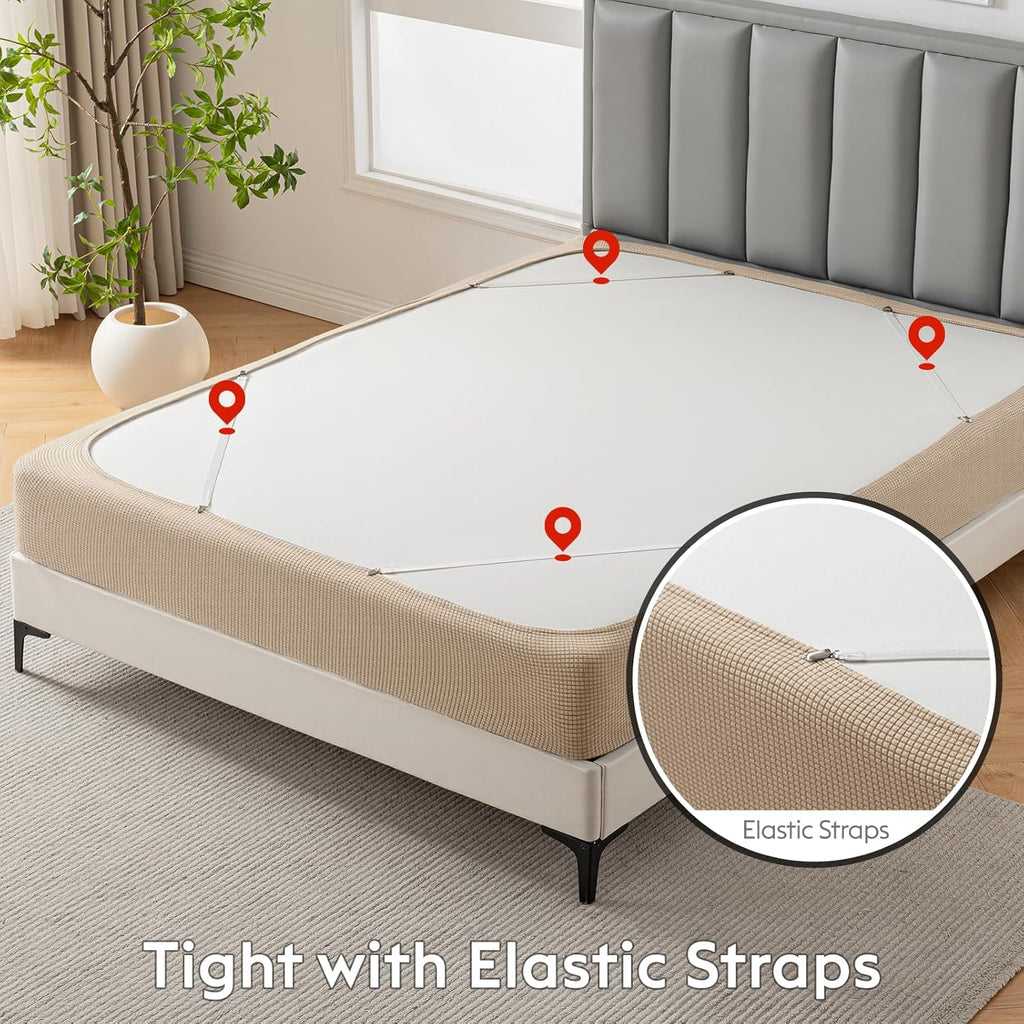 MIYE Jacquard Fabric Box Spring Cover,Super Stretchy Wrap Around 4 Sides Elastic Bed Skirt,Wrinkle & Fading Resistant,Washable & Easy Fit. (Cream, Queen)