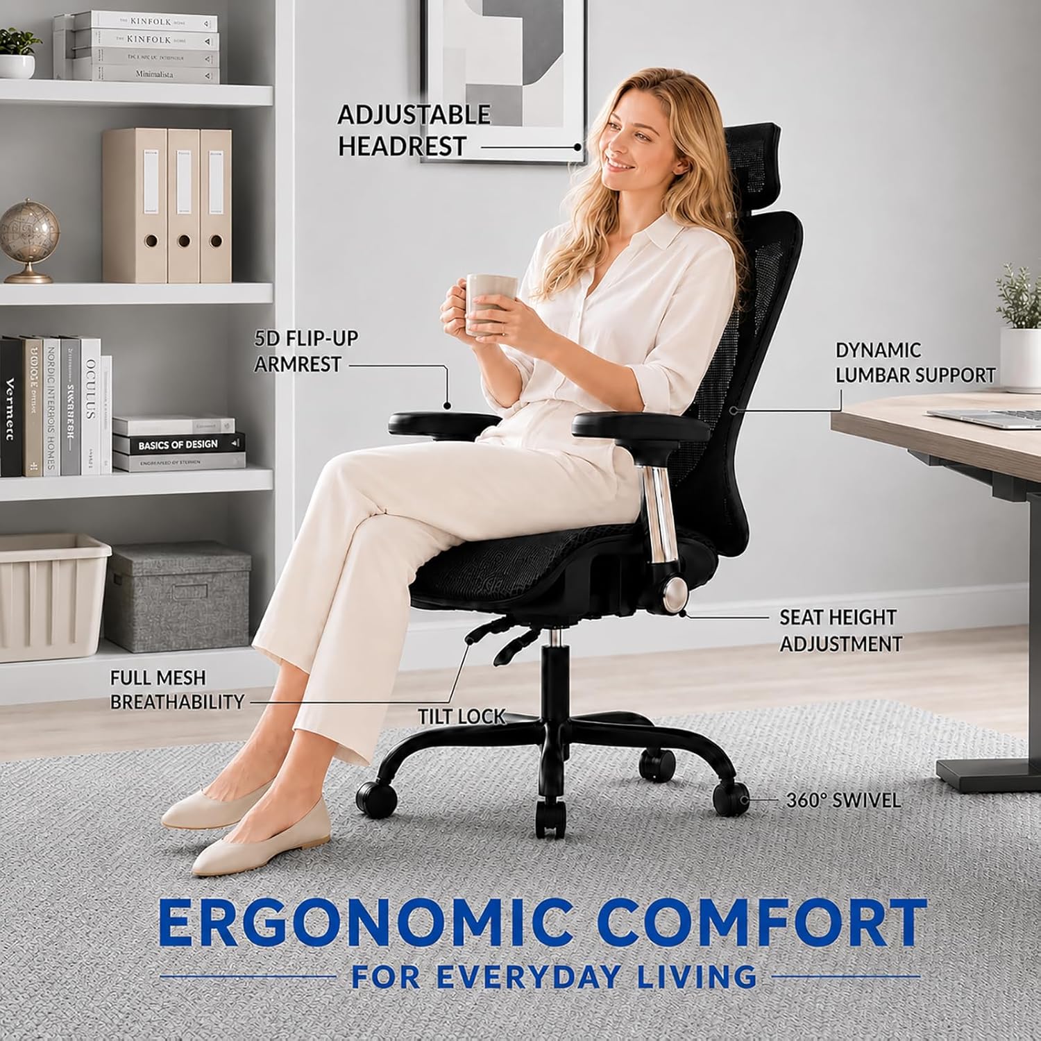 Ergonomic Office Chair, Breathable Mesh Back and Seat, High Back Desk Chair with Adjustable Lumbar Support, 5D Armrests, 135° Reclining Backrest, 2D Headrest, Home Office Computer Chair