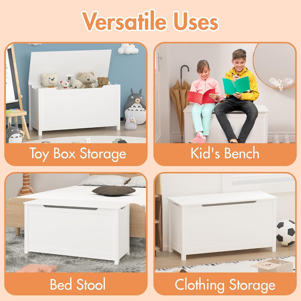Kids Wooden Toy Chest with Safety Hinged Lid, 2.7 Cubic Feet Large Toy Box Storage Bench, Sturdy Toy Box for Living Room Bedroom, Suitable for Ages 3+ (White, MDF)
