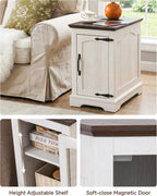 Farmhouse End Table with Charging Station, Narrow Side Table for Living Room, Rustic Wood Sofa Side Table with Storage Cabinet,Small Nightstand for Bedroom Home Office (White)