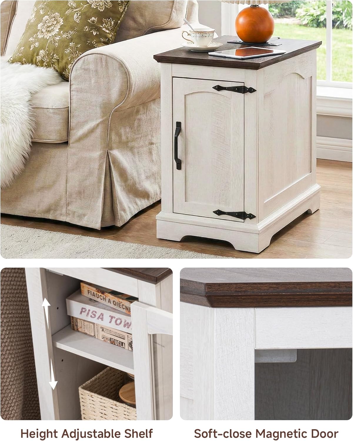 Farmhouse End Table with Charging Station, Narrow Side Table for Living Room, Rustic Wood Sofa Side Table with Storage Cabinet,Small Nightstand for Bedroom Home Office (White)