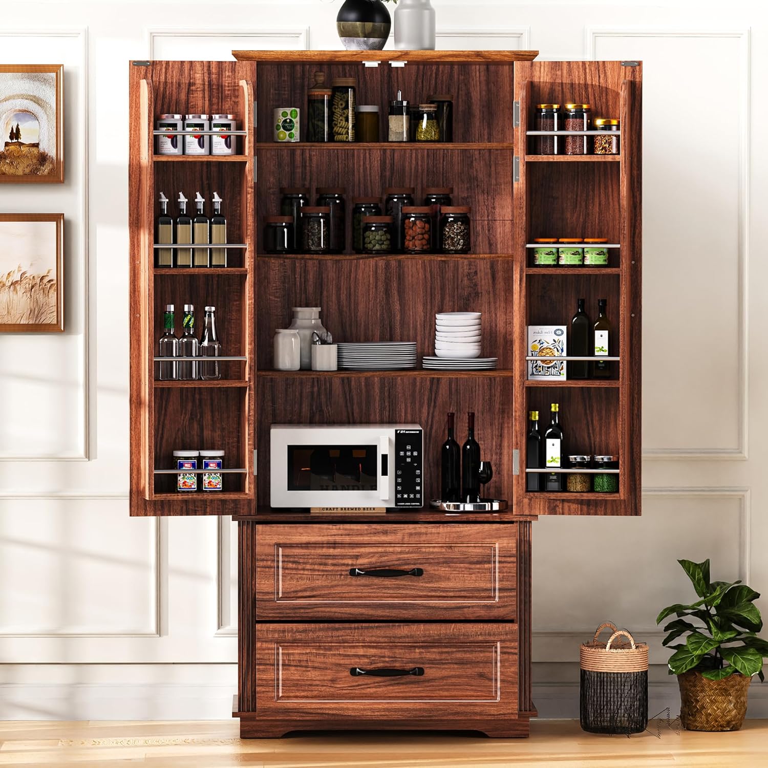 71" Kitchen Pantry with 2 Large Drawers,Embossed Texture Freestanding Cupboard with 8 Door Shelves and 3 Shelves,for Dining Room Living Room (Laundry Brown#i)