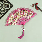Floral Lace Folding Hand Fan with Tassel, Vintage Chinese Style Foldable Fan, Elegant Handheld Fans for Women, Wedding Party, Cosplay, Home Decor (Magenta)