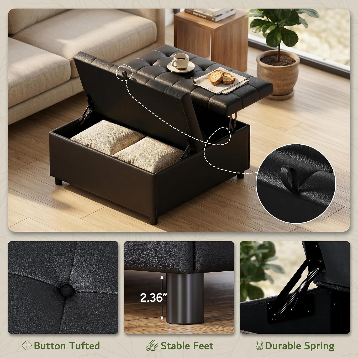 LINLUX Extra Large Leather Storage Ottoman, 35.5 Inch Large Square Lift Top Ottoman Coffee Table with Storage, Tufted Leather Ottoman Footrest Toy Box for Living Room, Black