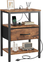DUMOS Bedside Table with Charging Station and an Adjustable Fabric Drawer, and it is a Compact Nightstand, as Well as a 3-Tier Storage Organizer and an End Table for Bedroom, Brown