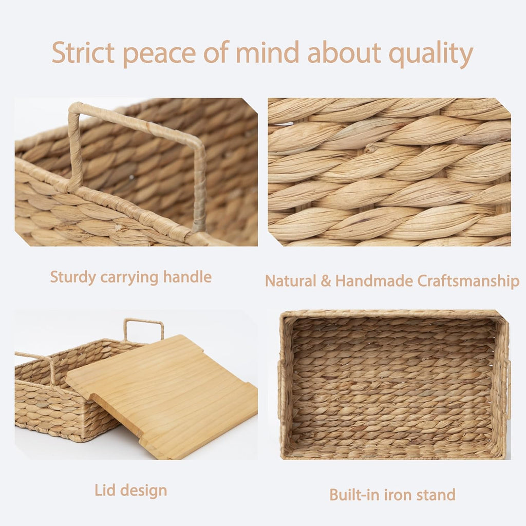Handmade Water Hyacinth Woven Storage Basket with Lid, Multi - Functional Wicker Organizing Baskets (Large)