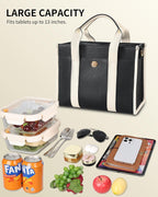 Jetviivid Lunch Tote Bag for Women, PU Leather Lunch Bag with Tablet Compartment for Work, Ladies Thermal Lunch Box for 13'' iPad Tablet, Leakproof Fashion Cooler Bag, Black