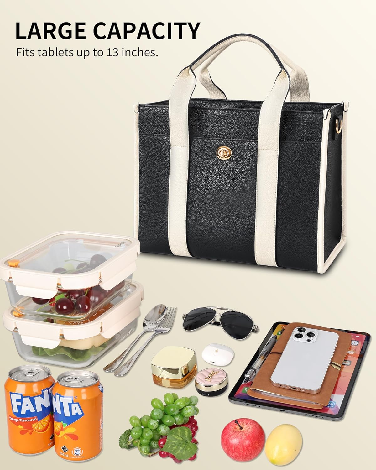 Jetviivid Lunch Tote Bag for Women, PU Leather Lunch Bag with Tablet Compartment for Work, Ladies Thermal Lunch Box for 13'' iPad Tablet, Leakproof Fashion Cooler Bag, Black