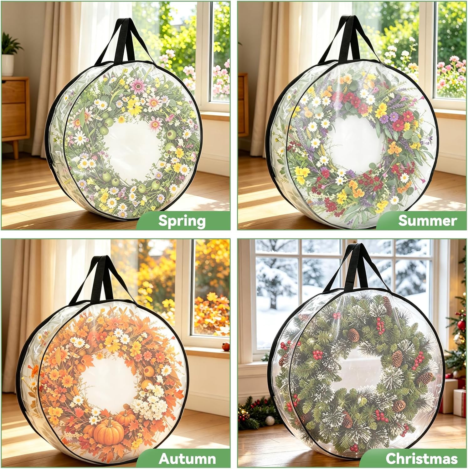 Wreath Storage Container 2-Pack, 24" Wreath Storage Bag for Garland Wreath Holder Holiday Decor Gift Storage, Wreath Bag for Spring Summer Autumn Christmas Wreath Storage