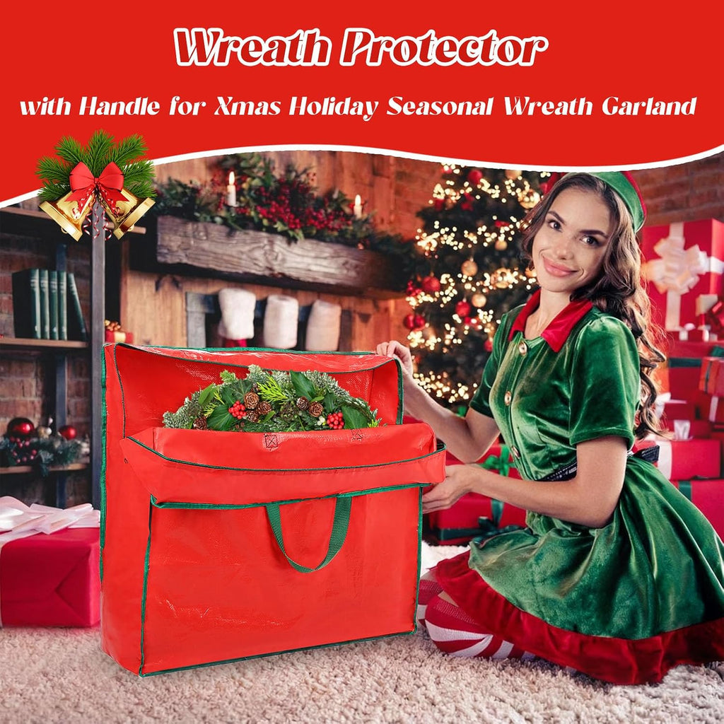 4PCS Christmas Wreath Storage Container, 25" Red Wreath Storage Bags Garland Container Clear Storage Bags with Handles Zippers Christmas Wreath Boxes for Xmas Seasonal Holiday Wreath Garland