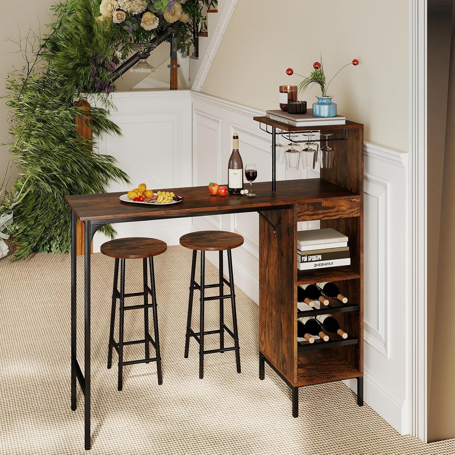 GOFLAME Bar Table Set for 2, Counter Height Dining Table Set with Shelves, Cup Holder & Wine Rack, Breakfast Table & Stools Set, 3-Piece Pub Table Set for Kitchen, Dining Room, Rustic Brown