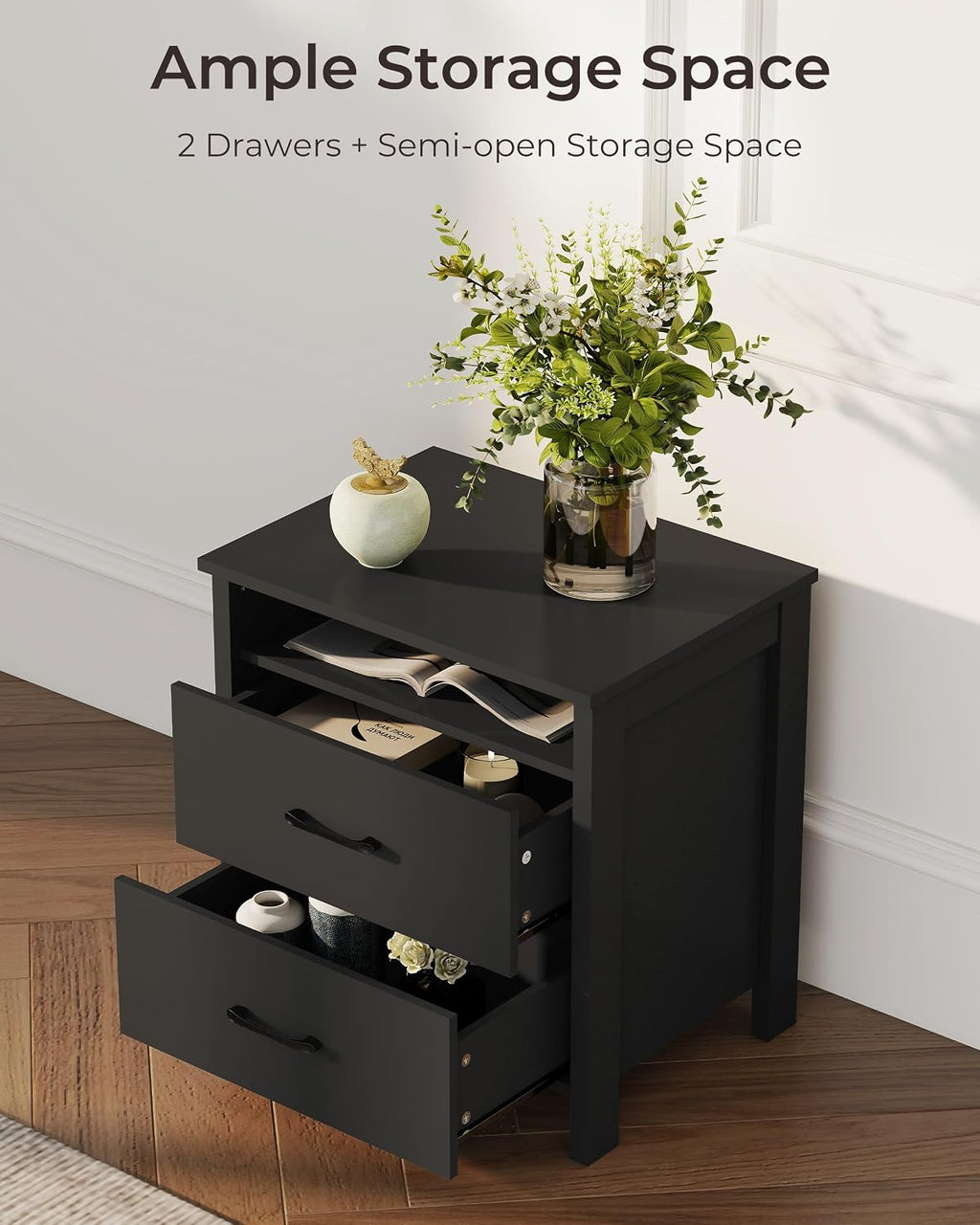 Nightstand Set of 2, Rustic Bedside Table with 2 Storage Drawers | Farmhouse Nightstand Set of 2, Wood End Table with Open Shelf, Side Table for Bedroom, Black