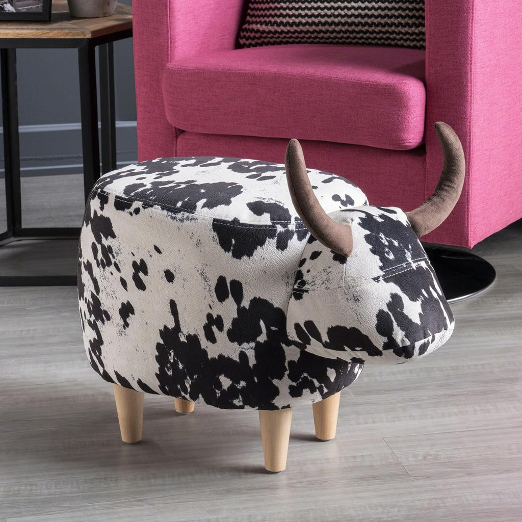 Black and White Velvet Cow Shaped Ottoman, Cute Wood Foot Stool Shoes Changing Seat with Cushioned for Adult Living Room, Bedroom, Nursery Gameroom, Playroom, Porch Furniture