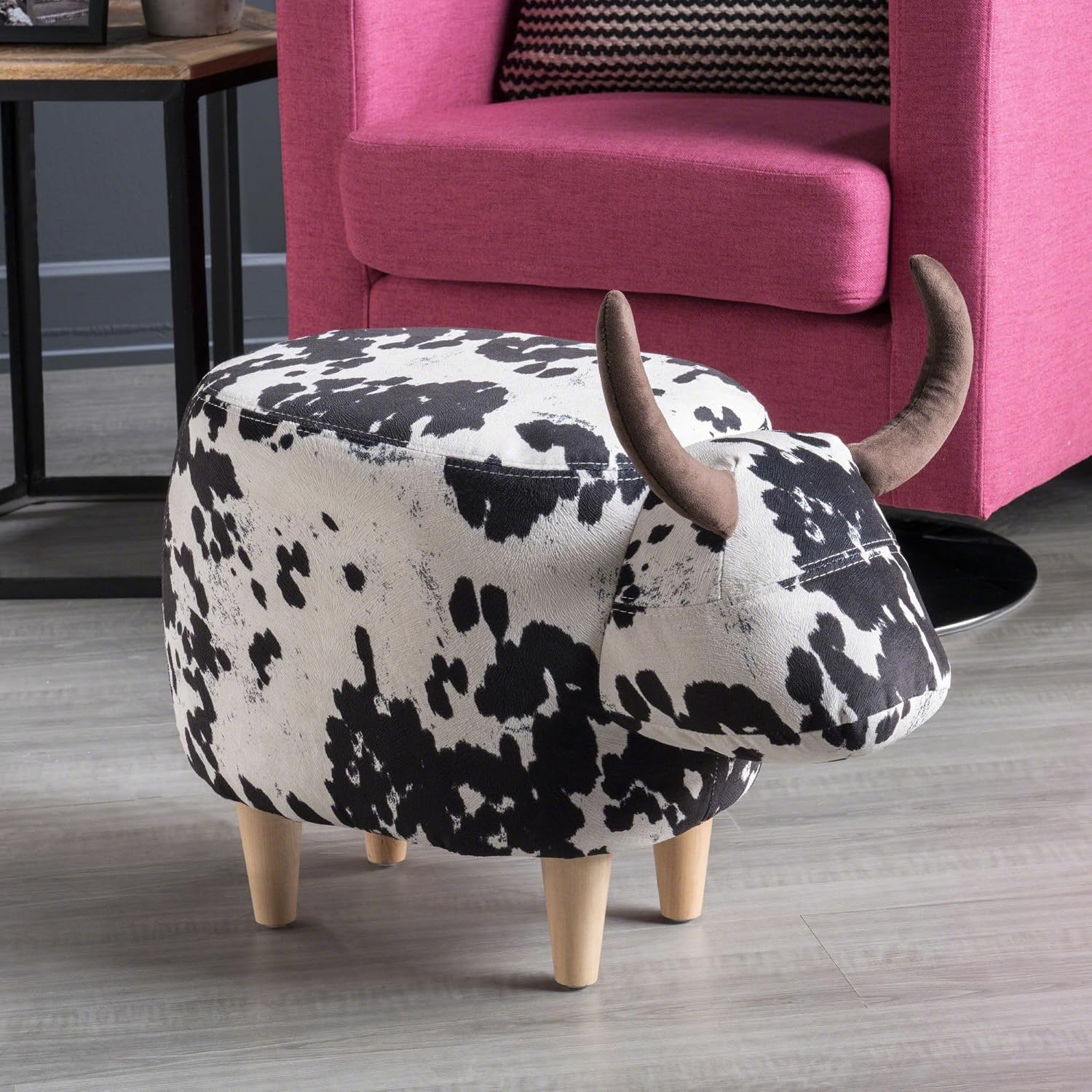 Black and White Velvet Cow Shaped Ottoman, Cute Wood Foot Stool Shoes Changing Seat with Cushioned for Adult Living Room, Bedroom, Nursery Gameroom, Playroom, Porch Furniture